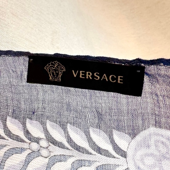 Versace 100% Silk Chiffon 52” Scarf Shawl in blue & lavender | Authentic, EUC - Picture 6 of 13
